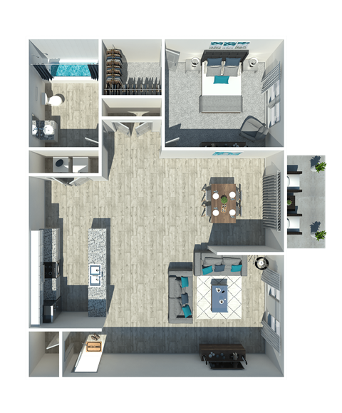 Floor plan for 1 bed, 1 bath, 750 sqft